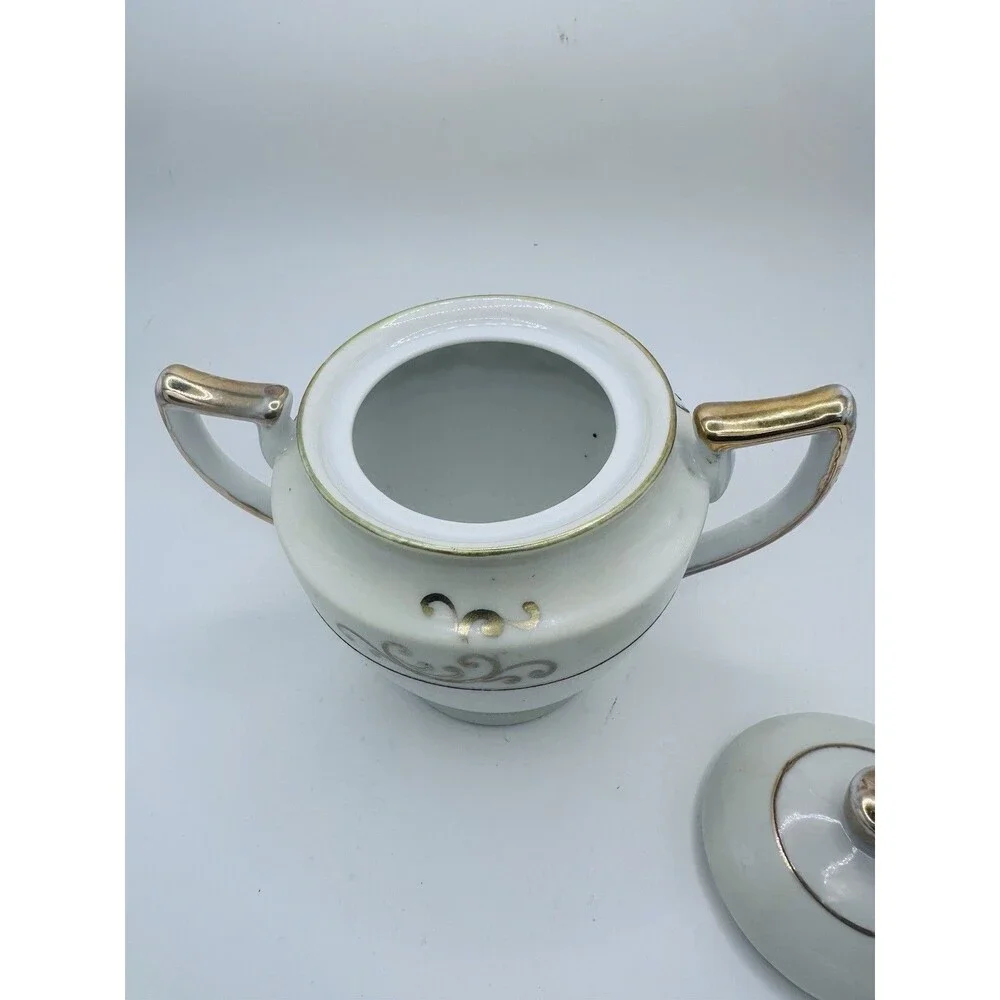 Vintage HANO Painted Japan Covered Sugar Bowl Gold Scroll Handles